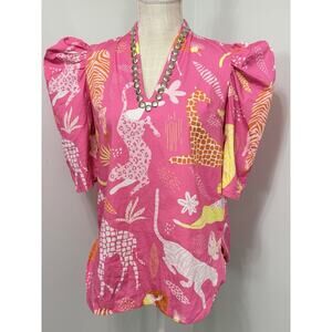 Sheridan French Natalie Blouse Pink Whimsical Island Sunrise Animals Safari XS